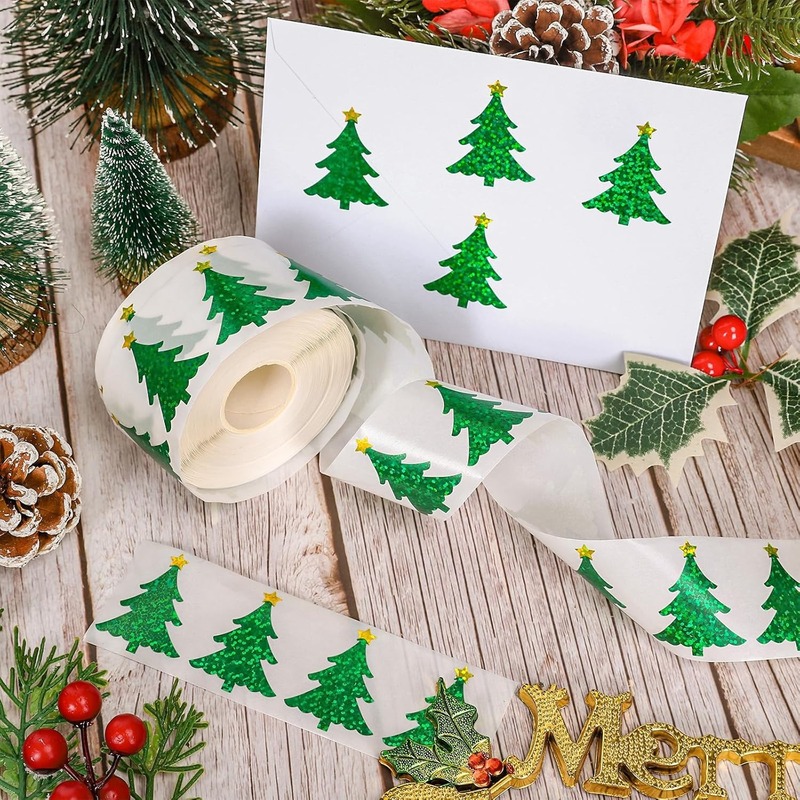 500 ステッカー/ロールクリスマスツリーレーザー防水包装ステッカーラベルクリスマス装飾子供のおもちゃのステッカー|undefined
