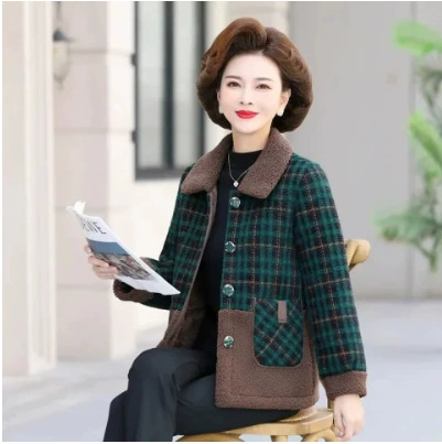 Demi-season woolen velvet fashionable jacket for mother, for middle age, plus size, loose fit