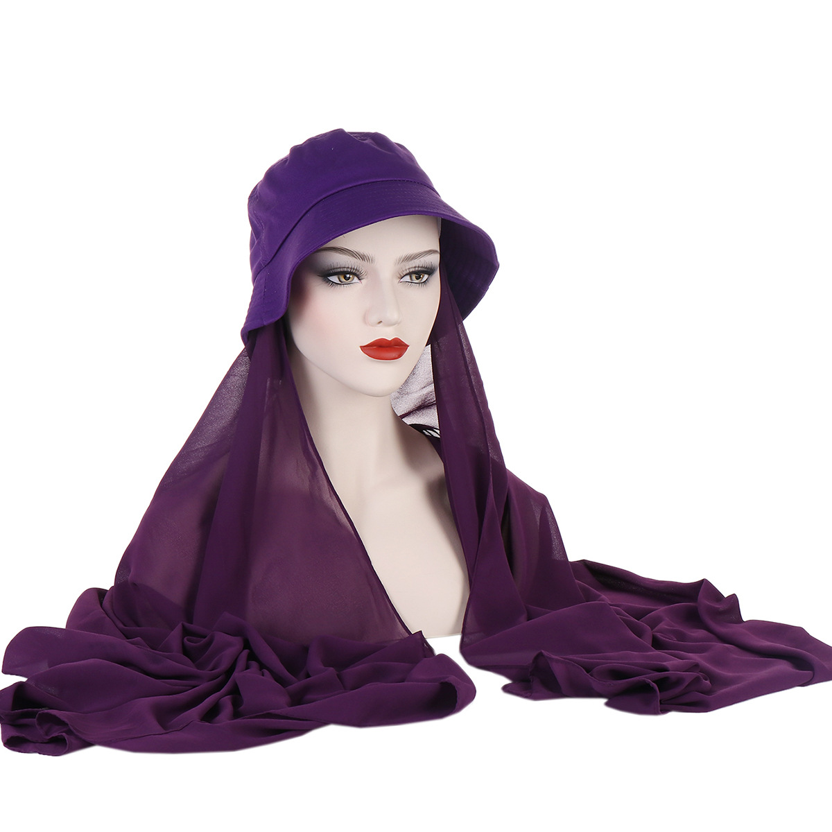 solid color chiffon plus fisherman hat long scarf pearl chiffon all-in-one scarf 2-piece set for drop shipping_voghion.com