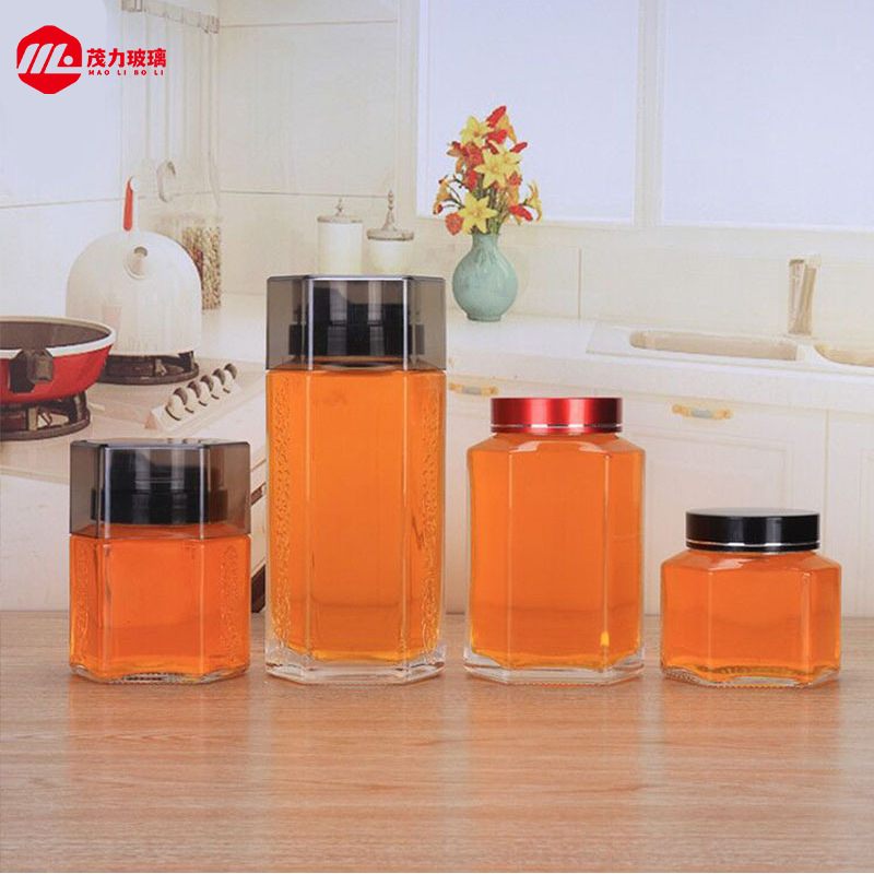 现货高透玻璃带罩密封瓶同仁堂加厚六棱蜂蜜果酱燕窝分装空瓶批发