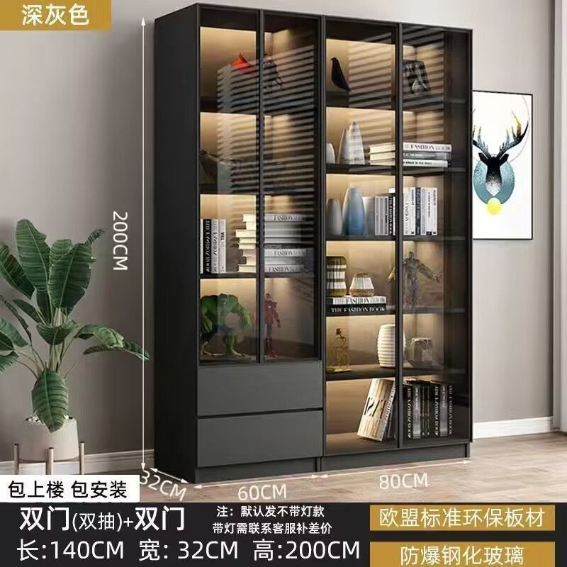 轻奢书柜带玻璃门书架落地简约现代客厅书橱实木手办酒柜展示柜子|undefined