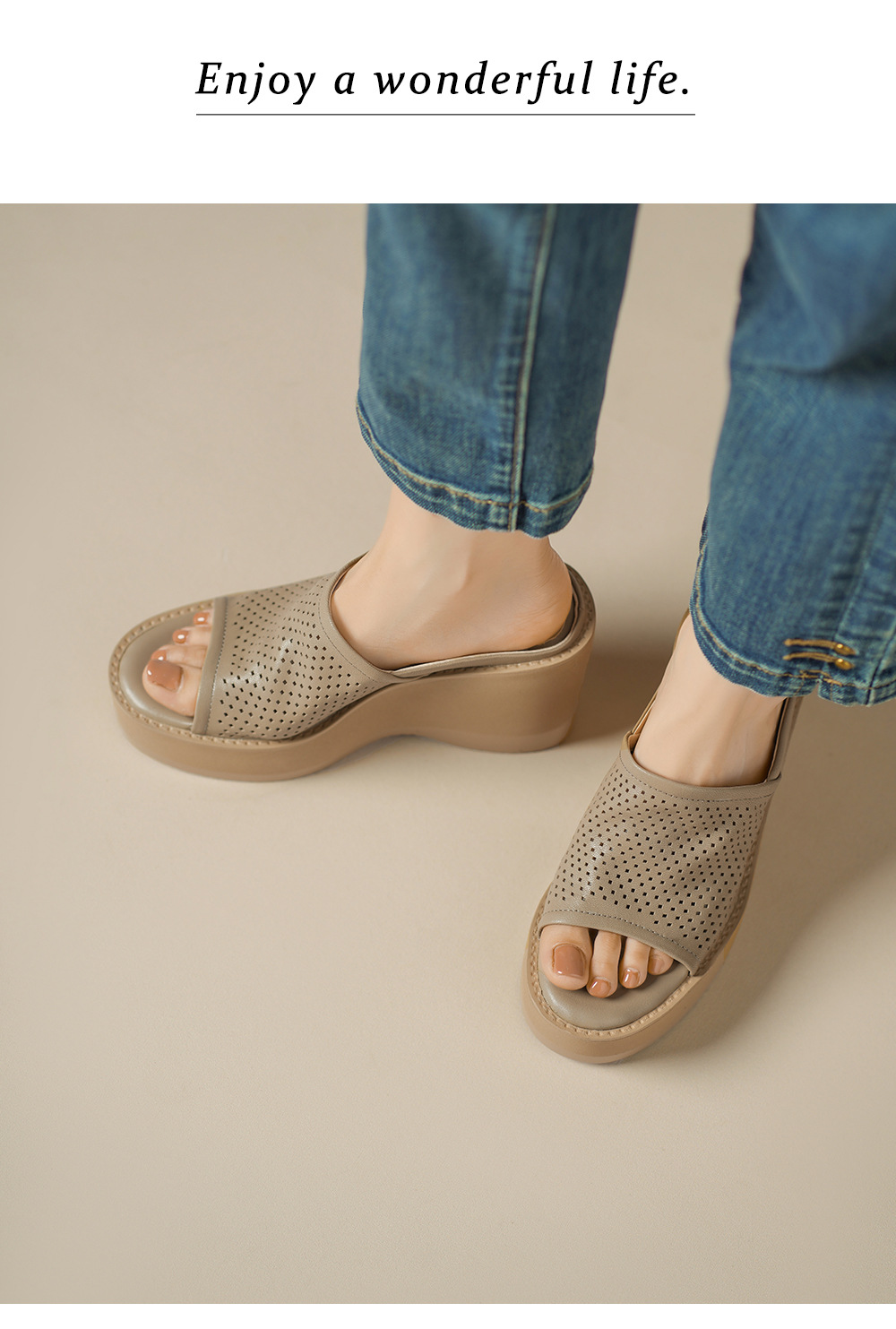 Dép sandal cao gót nữ da cừu đế xuồng mũi hở quai ngang — màu trắng ngà chi tiết 8