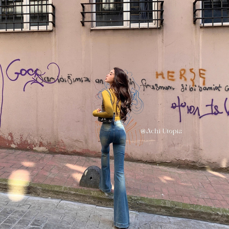 Chi Daye Blue High-Waisted Flared Jeans for Women, Vintage Slim Fit Stretchy Butt-Lifting Pants