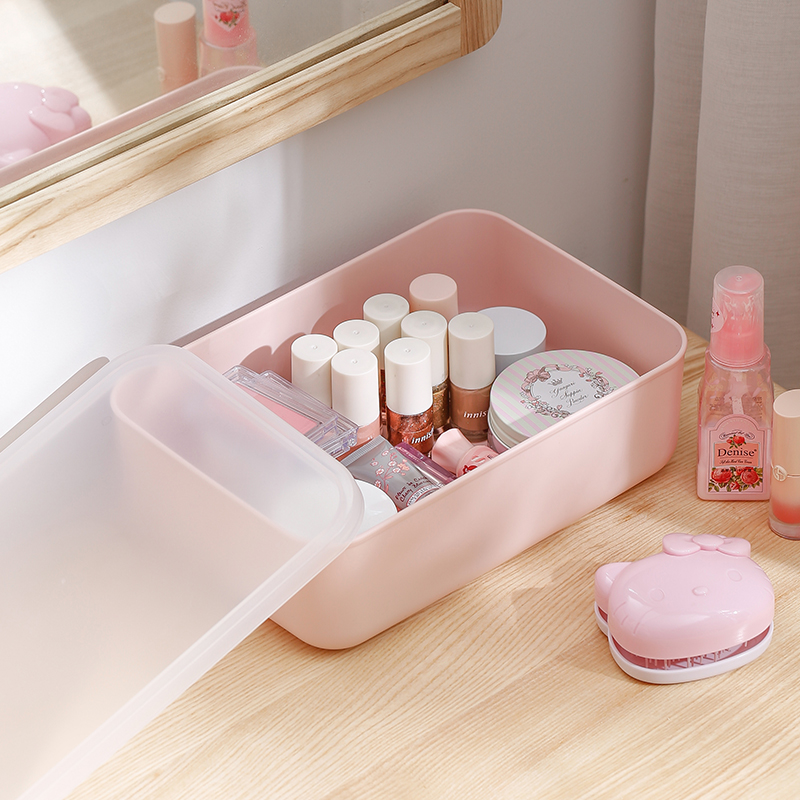 VD0A天马桌面带盖收纳箱收纳盒粉色少女心储物盒护肤品整理