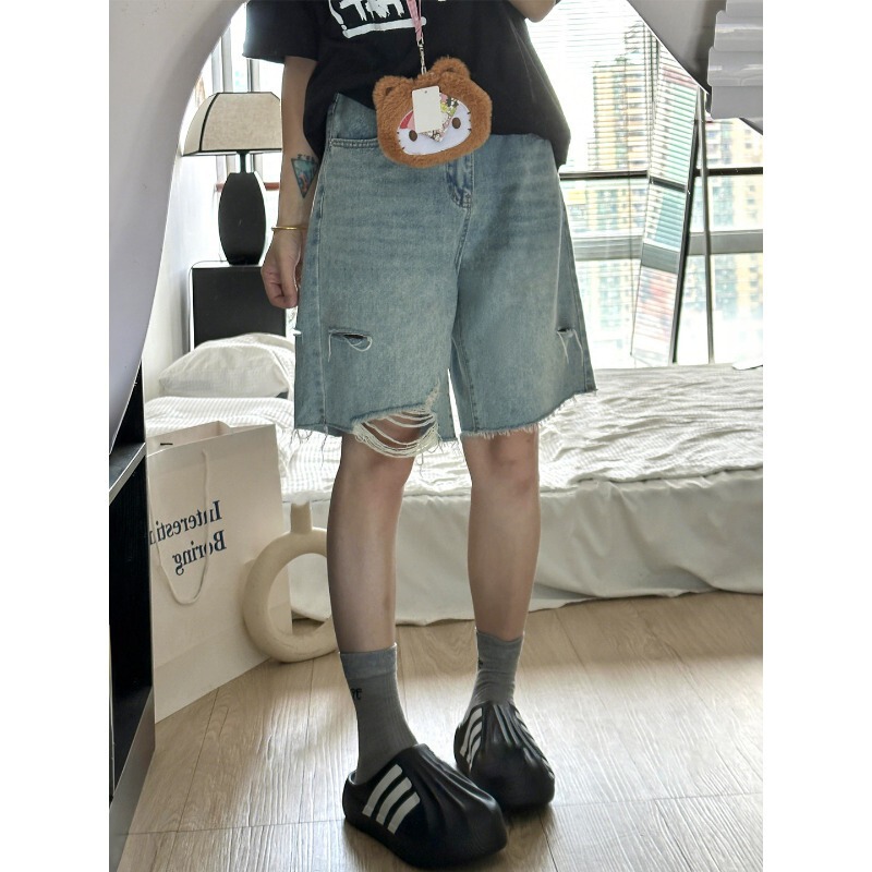 Vintage Ripped Denim Shorts for Women, High-Waisted, New Summer Style, Petite, Loose Fit, Slimming, Straight-Leg, Knee-Length Shorts for Women Vintage Ripped Denim Shorts for Women, High-Waisted, New Summer Style, Petite, Loose Fit, Slimming, Straight-Leg, Knee-Length Shorts for Women