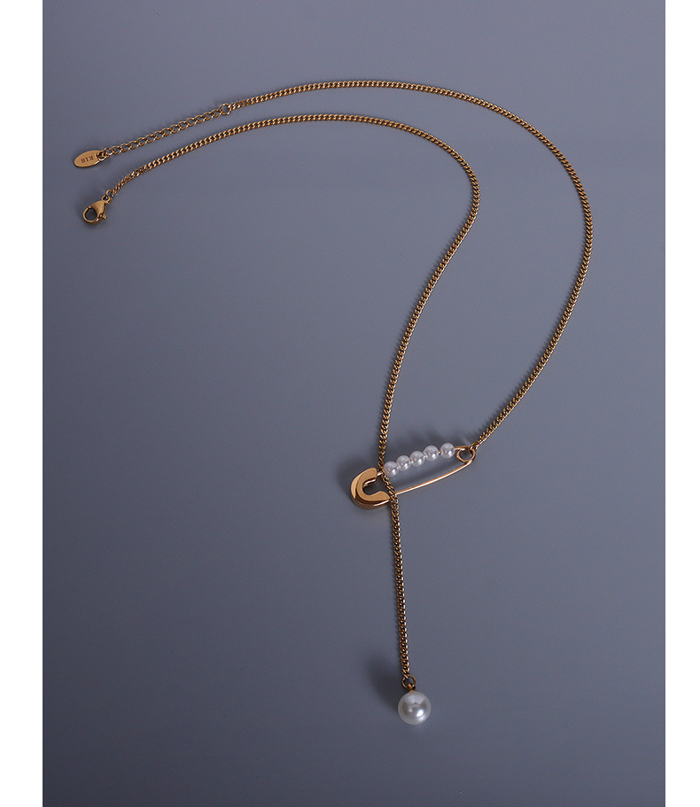 Imitation Pearl Pin Tassel Pendant Titanium Steel Necklace display picture 6