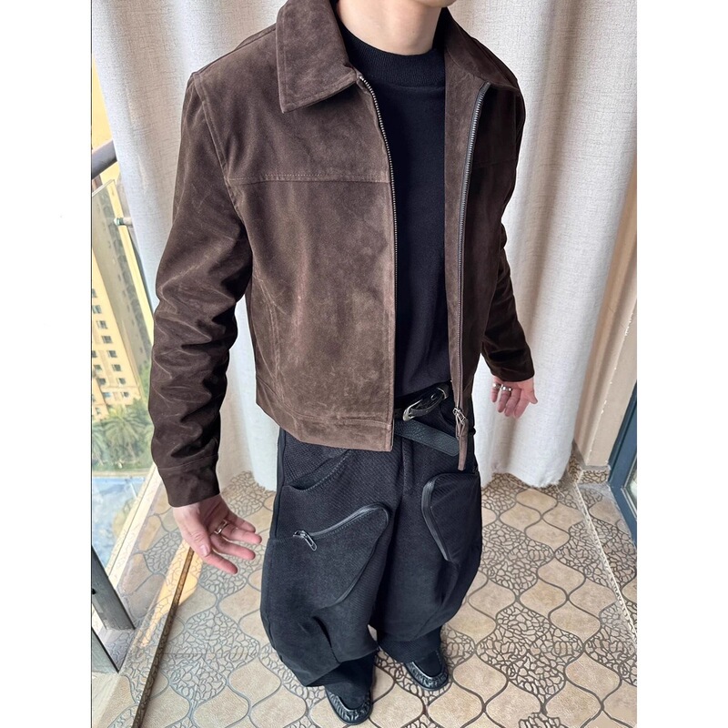 Brown Barn Style Lapel Safari Jacket Men's Autum American Retro Suede Leather Jacket Short Right Shoulder Jacket