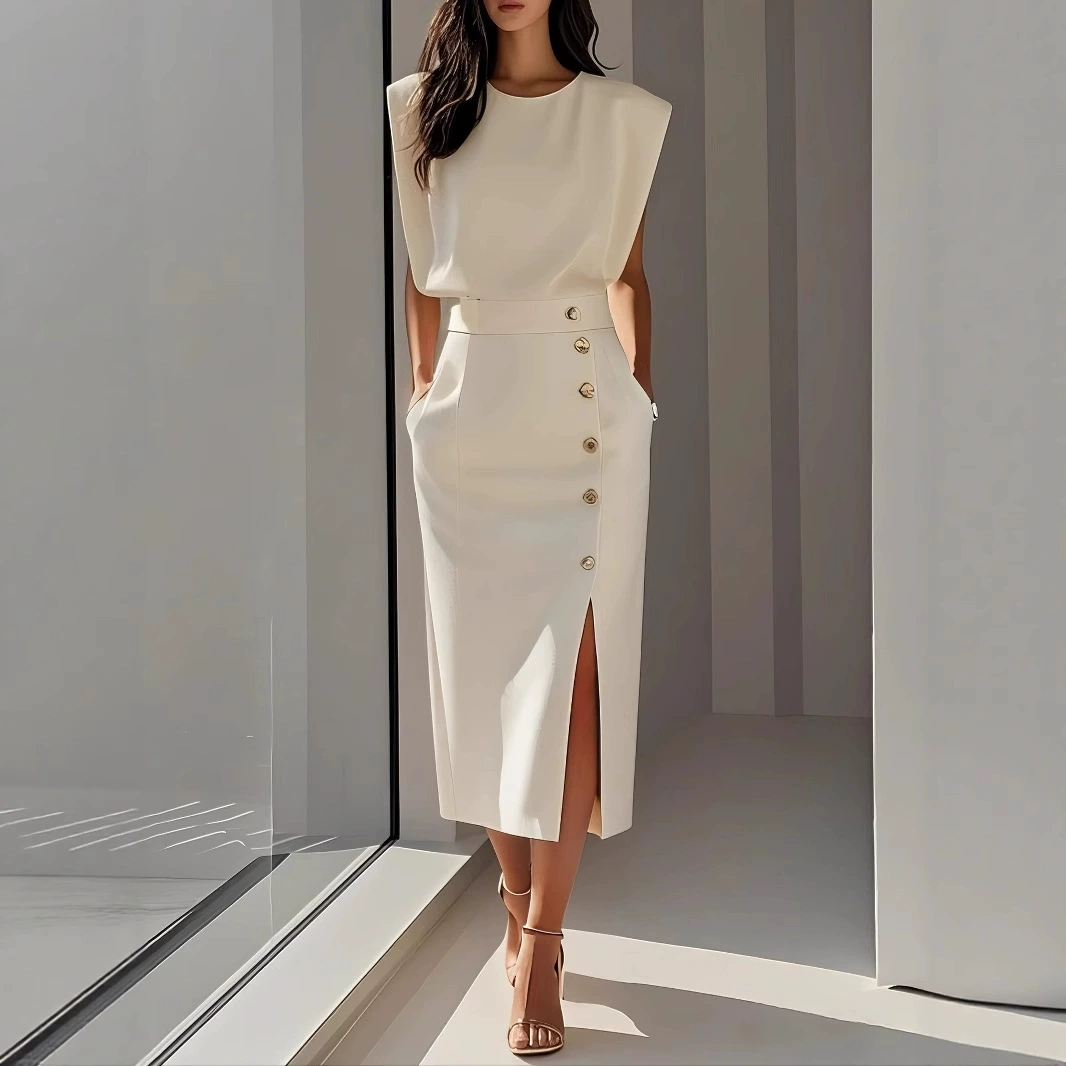 2025 Европейская и американская одежда Amazon платье с круглым вырезом, без рукавов, на пуговицах, с разрезом, однотонное, длинная юбка