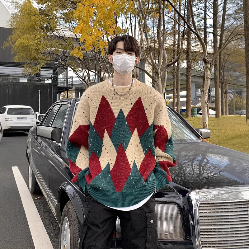 American Style Retro Christmas Theme Ambient Rhomboid Sweater Men's Winter New Couple Thickened Lazy Style Knitted Sweater