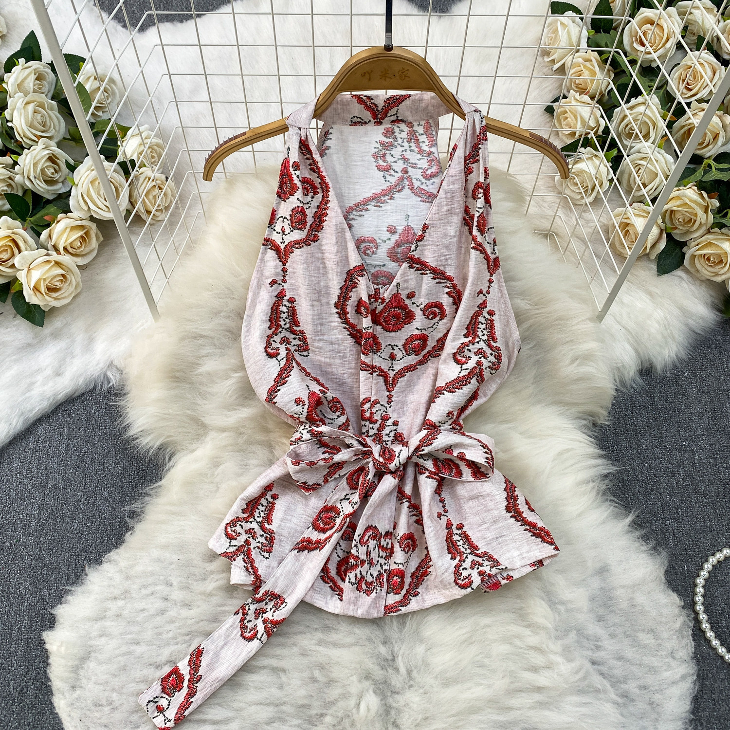 French-Inspired Sleeveless Top & High-Waisted Wide-Leg Pants Two-Piece Set, Floral Print Casual Outfit_ecoleips.com