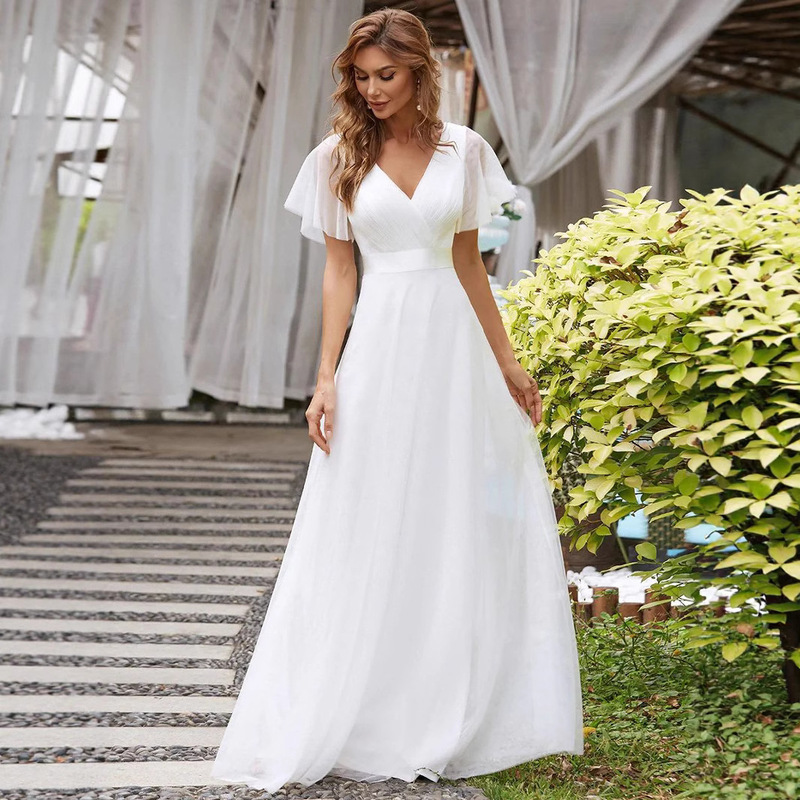 European and American Export Women's V-Neck Bridesmaid Evening Dress, Mesh Elegant Style Dress, Ruffled Sleeves, Long Dress