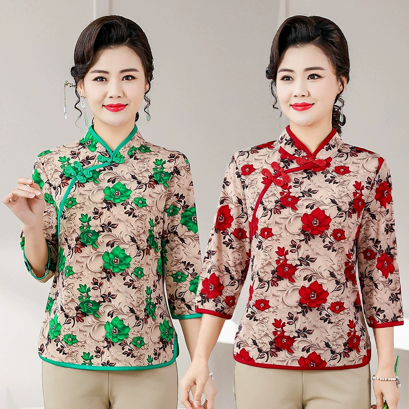 Осенне-зимняя рубашка с полугольфом для мамы, тонкая бархатная женская осенняя рубашка с цветочным принтом среднего возраста, женская рубашка среднего возраста, новый стиль