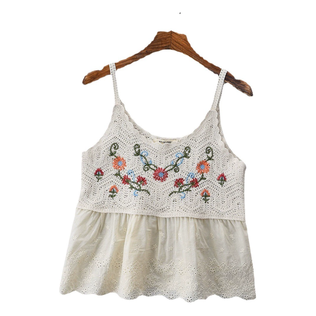 Новая женская майка в стиле ретро с вышивкой и ажурными вставками, свободный крой, нишевый базовый топ, можно носить как верхнюю одежду.