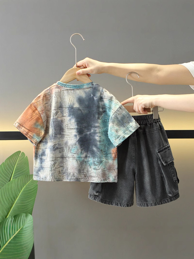 8098 traje de manga corta para niño vestido de verano de dos piezas para niño guapo 2025 nuevos pantalones cortos para niños ropa de verano marea