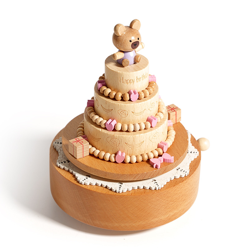 Carruaje carruaje, caja de música de dibujos animados de madera maciza, caja de música giratoria, decoración de regalo de juguete de madera de iluminación para niños de 1 a 3 años