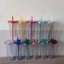 2024跨境热卖厂家直供双层塑料吸管杯24OZ大容量无边框随手水杯