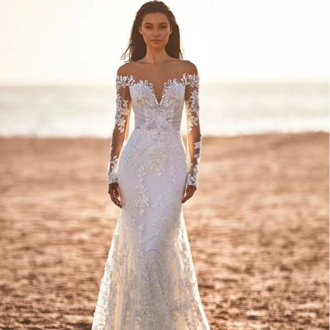 Amazon trailing vestido de novia sexy cintura fishtail 2024 primavera nuevo adelgazar fuera del hombro profundo V vestido de novia