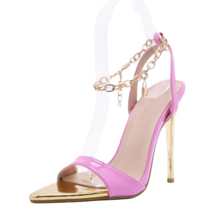 Cross-border Foreign Trade Large Size New Women's Shoes Candy-colored Pointed Toe Stiletto High-heeled Fashion Sandals Metal Chain Spot_voghion.com