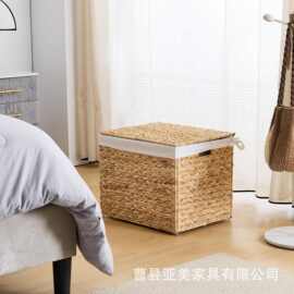 跨境水葫芦草编收纳筐带盖衣物被褥储物筐客厅玩具整理筐零食筐