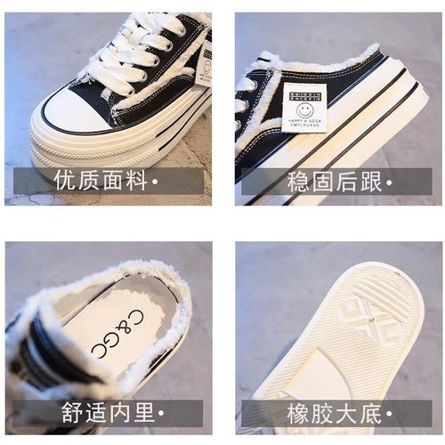 Canvas Bucket Hat Half Slippers Women 2025 Spring New Thick Sole Outer Wear Lazy Heel Inner Heel White Shoes