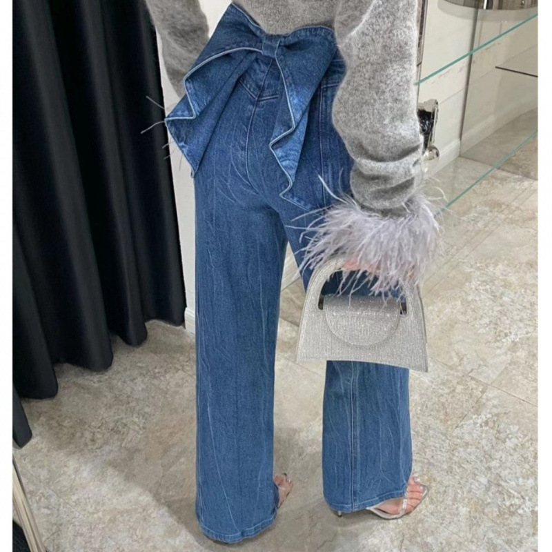 Spring and Summer 2025 New Back Waist Bow Design Sense Jeans Double Curve Stitching Water Washed Blue Slim Look Wide Leg Pants