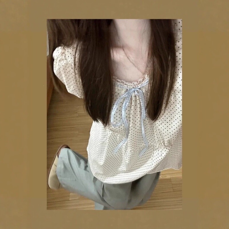 Sweet polka dot puff sleeve French-style top, new summer short-sleeve t-shirt for women, uniquely designed and beautiful trendy blouse
