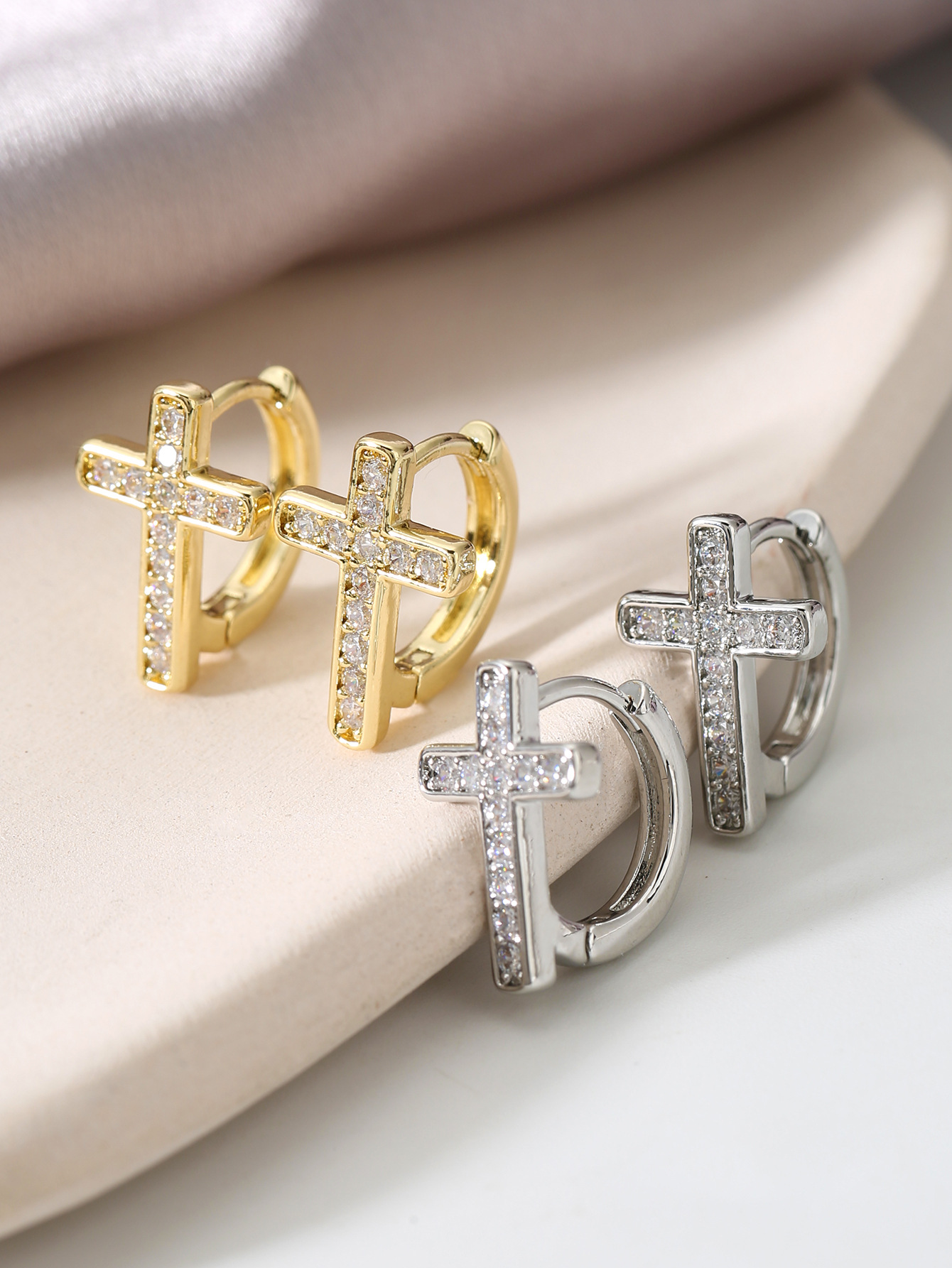 Copper Material Cross Pattern Unisex Gender Inlay Design 1 Pair IG Style Simple Style Cross Inlay Copper Zircon Earrings