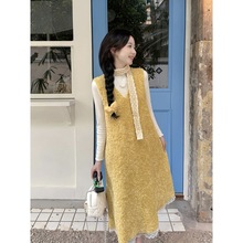 温柔风别致蕾丝拼接仿羊羔毛背心裙女2025秋冬新款修身木耳边打底