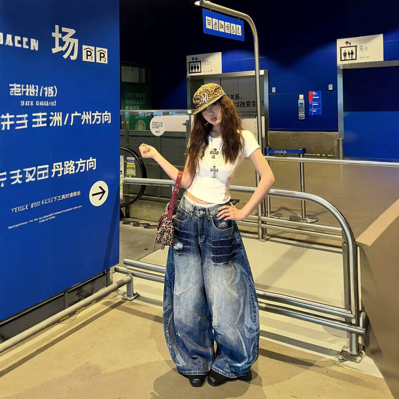 American Retro Washed Distressed Niche Thorn Print Scimitar Jeans Unisex Baggy Loose Fit Long Pants American Retro Washed Distressed Niche Thorn Print Scimitar Jeans Unisex Baggy Loose Fit Long Pants