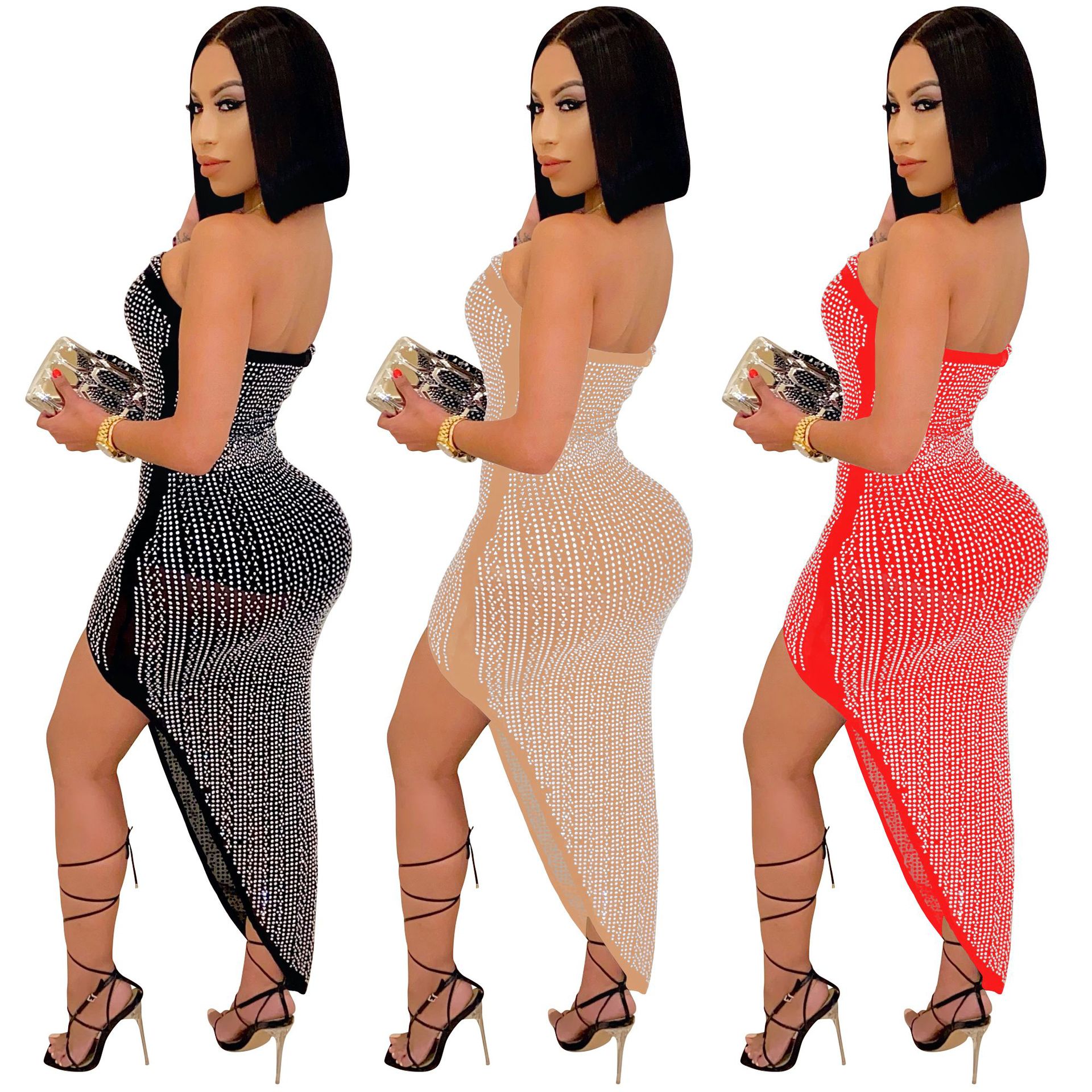 X5046 transfronterizo Amazon AliExpress vestido de noche europeo y americano rhinestone malla hilo envuelto pecho irregular vestido de mujer image 5
