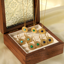 欧美法式复古不锈钢项链女绿松石镶嵌压纹圆形吊坠锁骨链饰品批发