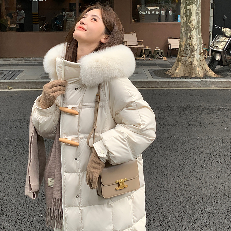 ダウンジャケット レディース ミドル丈 2025年冬新作 おしゃれ 可愛い フード付き 厚手 ホワイトダックダウン 大きなファー襟付き 暖かいコート