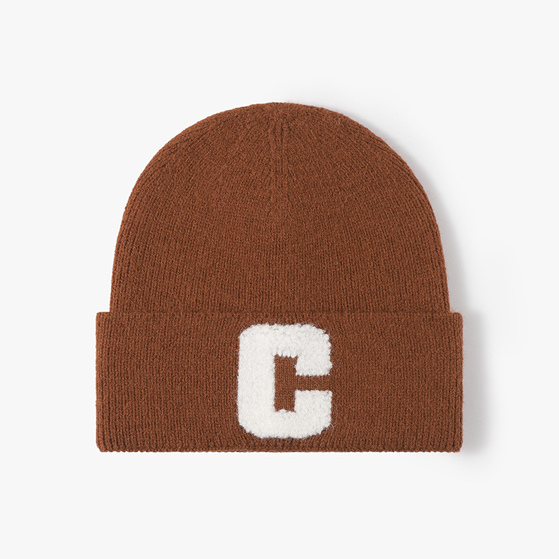 Autumn and Winter Women's Alphabet Towel Embroidered Warm Brimless Wool Hat Fashionable Outdoor Thickened Ear Protector Knitted Hat_voghion.com