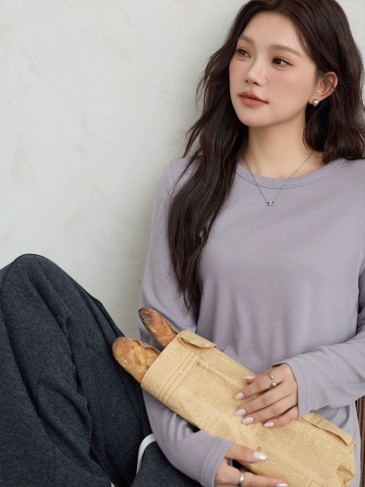 Multicoloured long-sleeve, body-friendly T-shirt for leisure, plus size, round collar, fitted