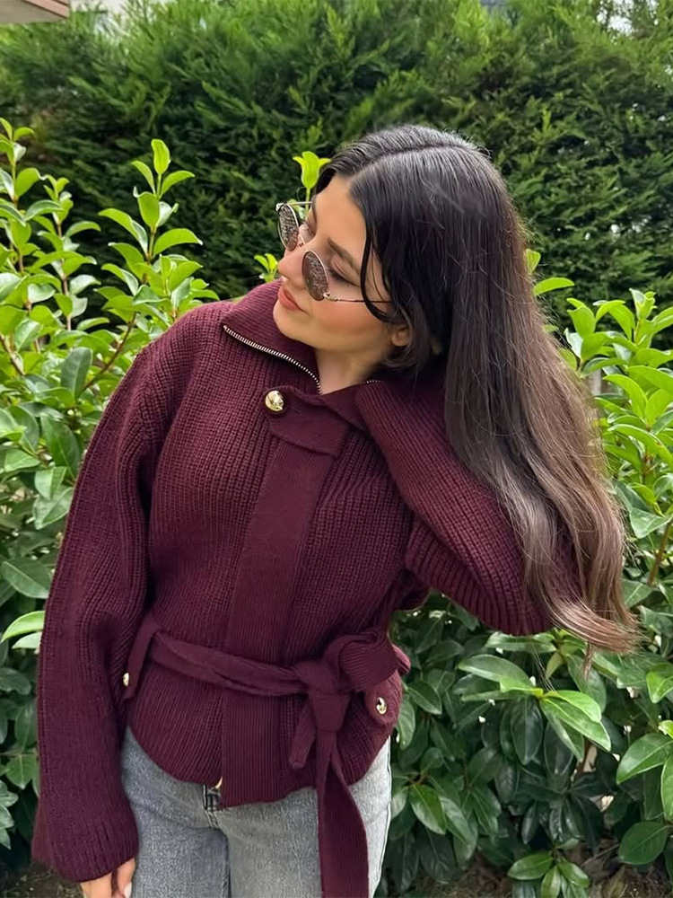 Coreano de alta calidad temperamento sólido correa de lazo jersey de punto cardigan otoño y invierno 2025 nuevo estilo transfronterizo europeo y americano