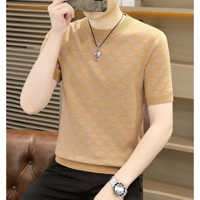 Camisas de punto de estilo antiguo camiseta de manga corta hombre impresa jacquard cuello redondo de negocios de hielo de verano fábrica transfronteriza al por mayor