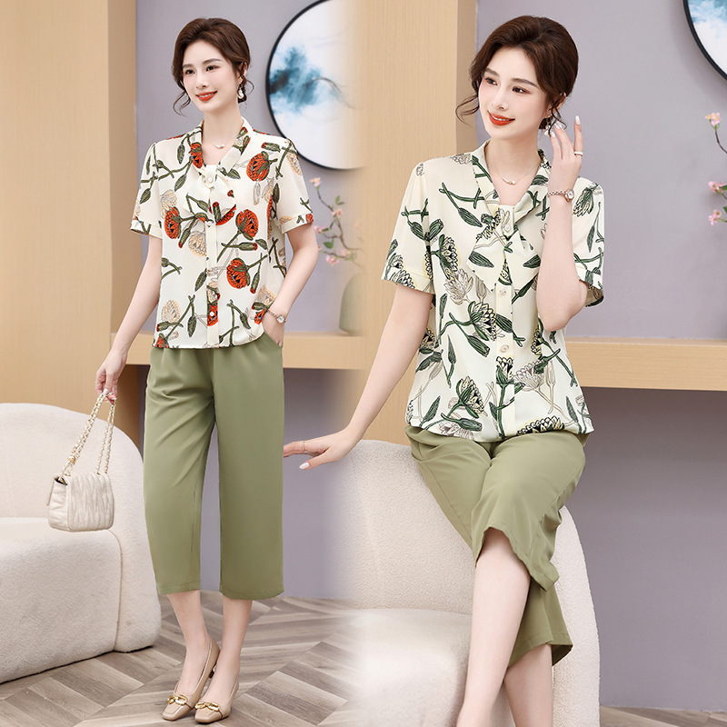 2024 Summer New Fashion Middle-aged Mother's Two-piece Western Style Loose Slimming Age-reducing Printed Suit Women's Clothing