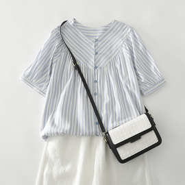 实拍现货夏季现款大码宽松文艺条纹提花短袖上衣圆领衬衫休闲衬衣