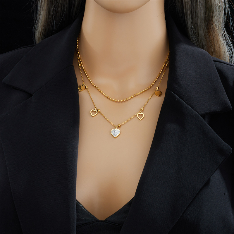 Titanium Steel Material Heart Shape Pattern Women's Gender Elegant Lady Heart Shape Titanium Steel Plating Inlay Zircon Layered Necklaces