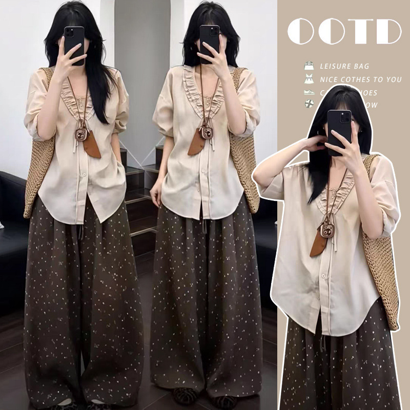 Pregnant Women's 2026 New Style Old Money Retro V-Neck Pleated Tie-Up Top + Unique and Beautiful Wide-Leg Pants Set