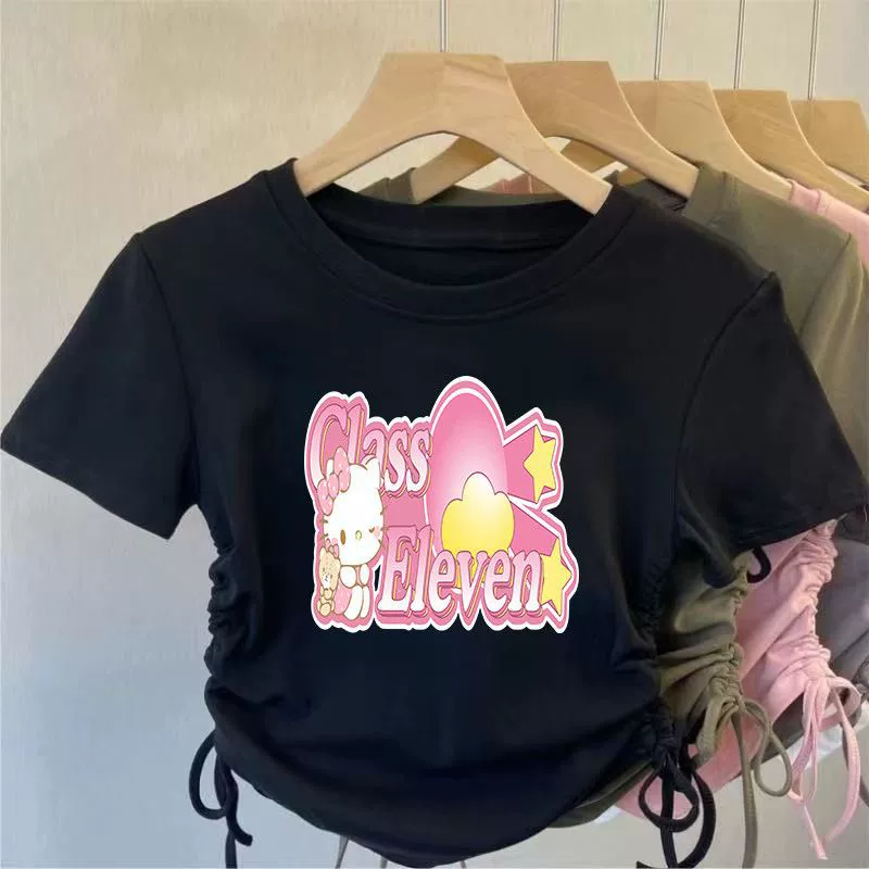 Hello kitty, шелковая летняя футболка, шнурок, с коротким рукавом, slim fit, западный стиль, для подростков