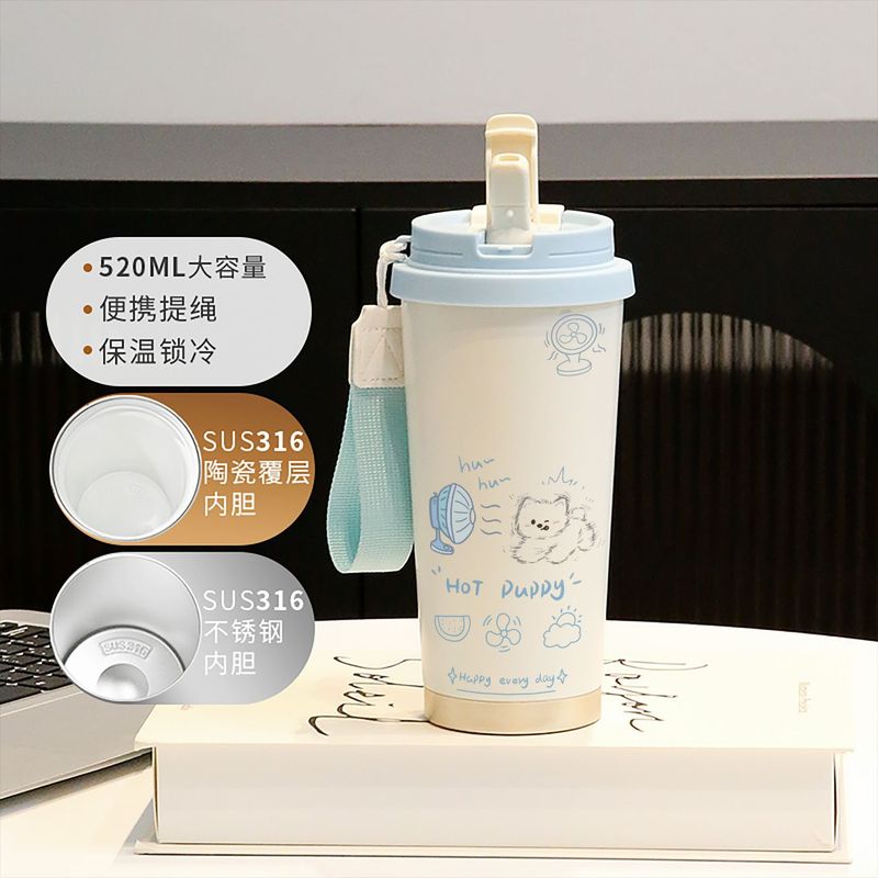 新款童趣咖啡杯316不锈钢保温杯卡通带吸管杯子双饮高颜值喝水杯|undefined