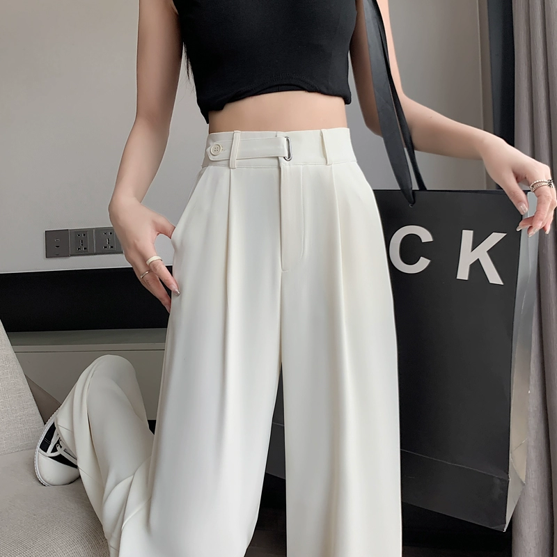 Белый костюм из ледяного шелка, широкие брюки для женщин, летние тонкие миниатюрные драпированные прямые свободные повседневные брюки длиной до пола