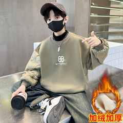 Boys' Padded Sweatshirt 2023 Winter New Product Personality Splicing Trend Brand Top for Big Kids Boys One-piece Fleece Children's Clothing