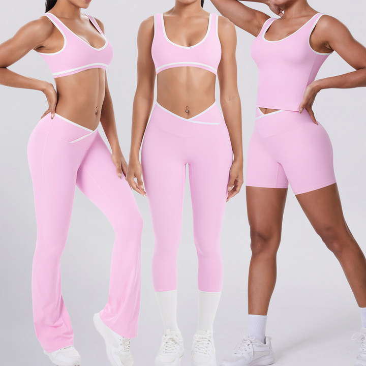 Cross-Border European and American Nude Tight Yoga Bra Vest Contrasting Color High-Waisted Pants Women's Sports and Leisure Yoga Wear Five-Piece Set