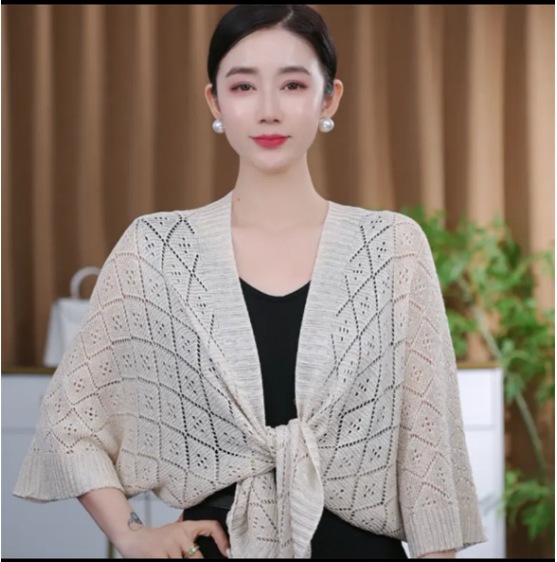 【Xin Sai Qi】Solid Color Hollow Knit Shawl Spring and Autumn Cape Fashion Versatile Coat