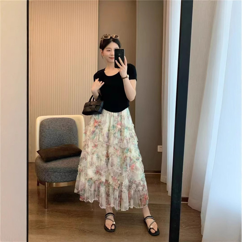 2026 Summer and Autumn New Heavy Beading Floral Mid-Length Pure Desire Style Fresh Print Cake Skirt Puffy Skirt