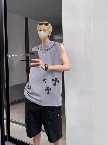 Vintage American Cross Print Leather Material Men's Summer Trend Brand Street Hip-hop Sleeveless T-shirt