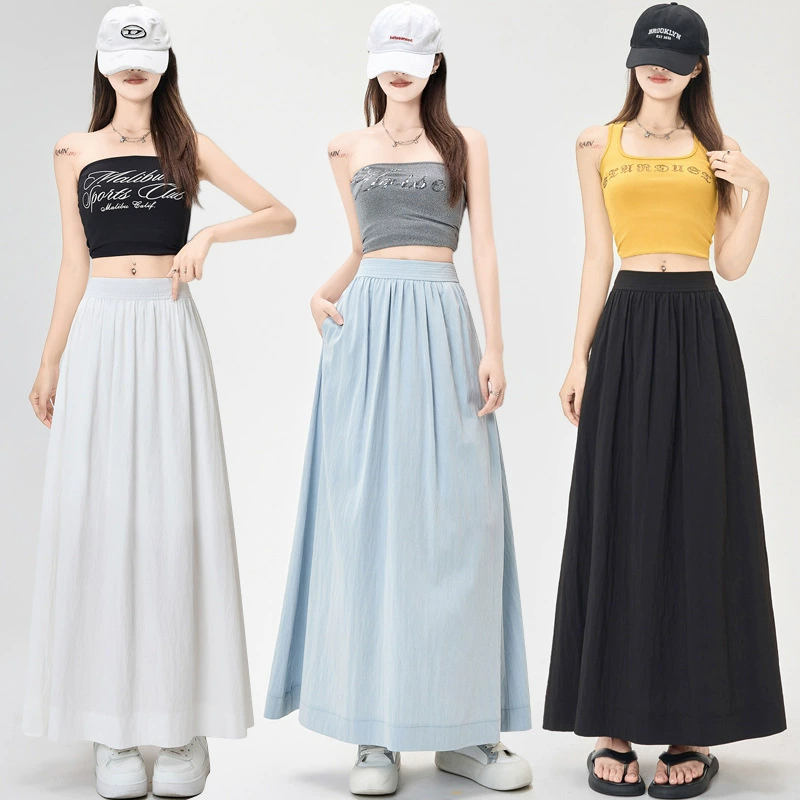 Настоящая фотография синей длинной юбки до щиколотки, лето 2025, новый стиль, элегантная большая юбка-зонтик, корейская милая юбка для женщин