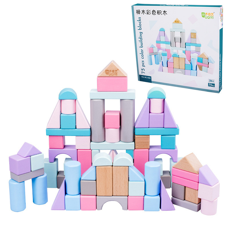 Haya Educación temprana Color Bloques de construcción para bebés Caja de madera Educación temprana para niños Juguetes de juego apilados de partículas grandes de madera